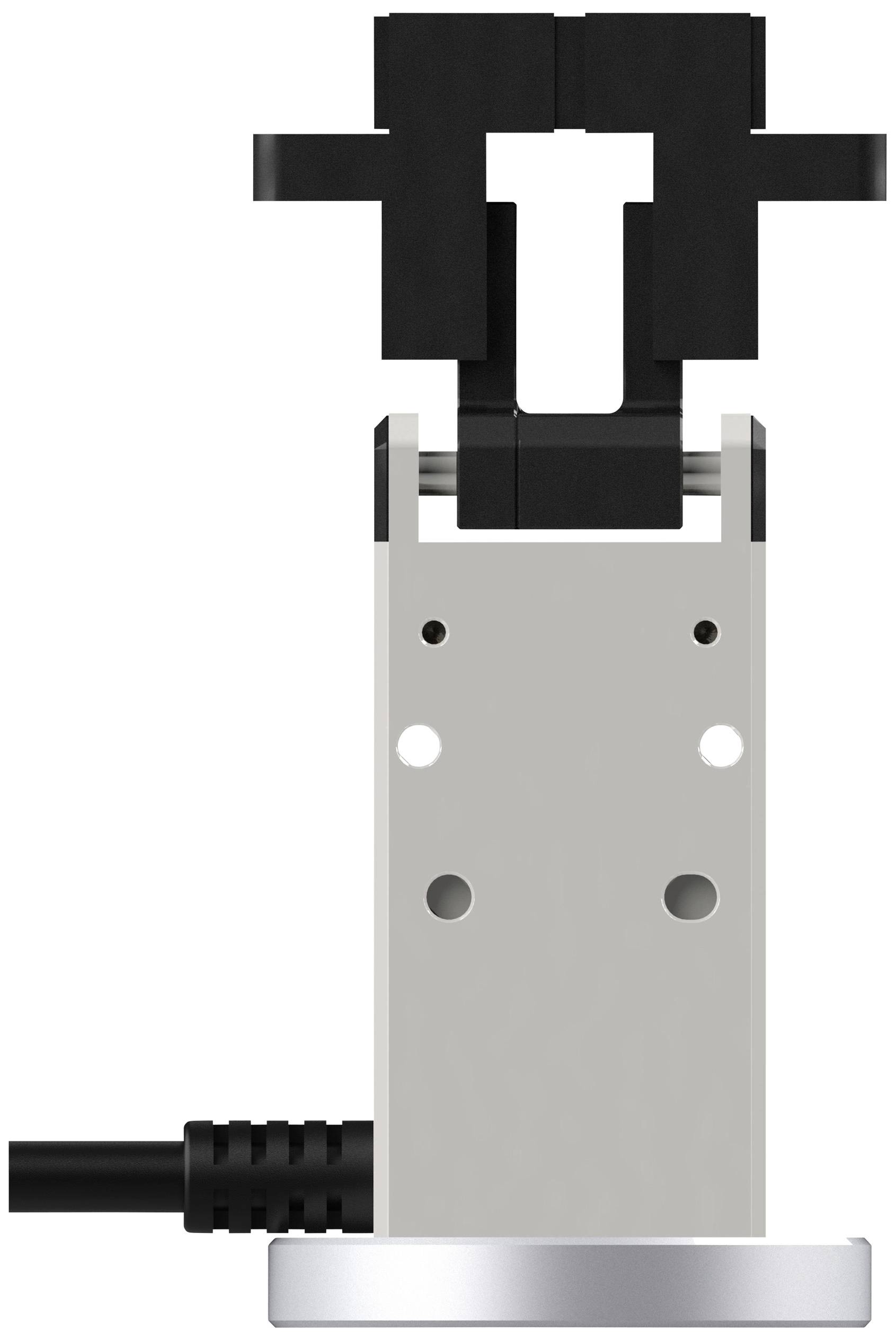 Průmyslové robotické rameno s úchopným mechanismem, který dokáže držet nebo manipulovat mechanickými díly. Disponuje kabelovým připojením v základně.