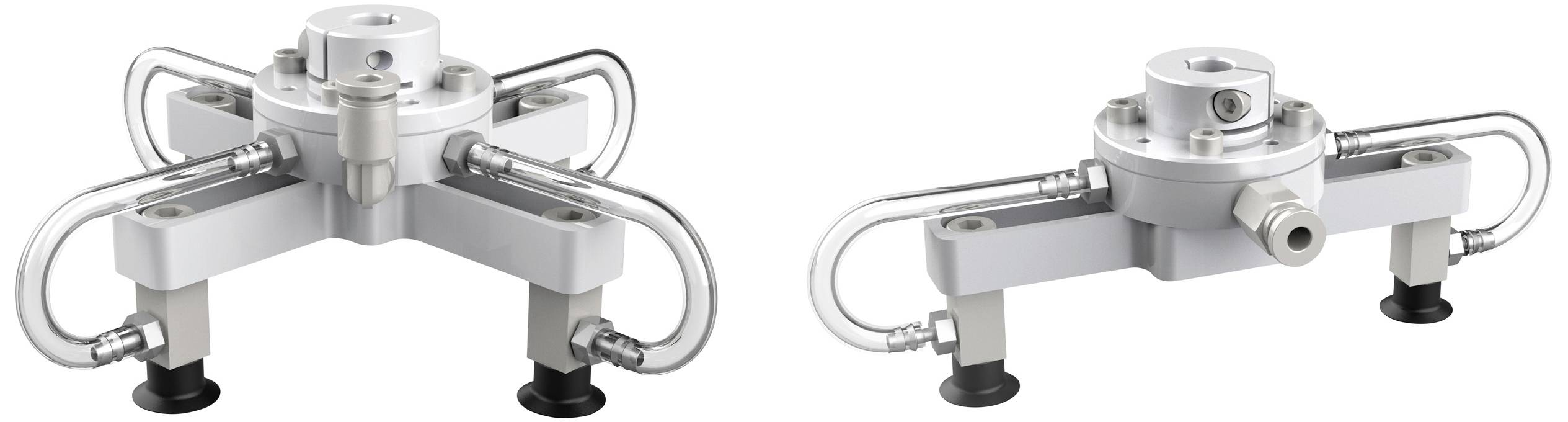 Průmyslové zařízení s několika potrubními rozvody a těsněními, pravděpodobně ventil nebo hydraulická komponenta.