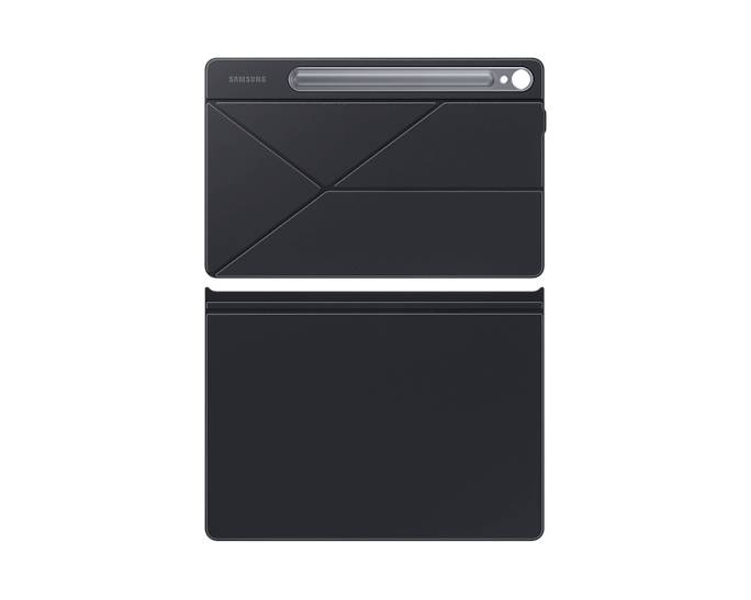 Černý obal na tablet skládající se z odnímatelného krytu s integrovaným držákem na pero, pohled shora.