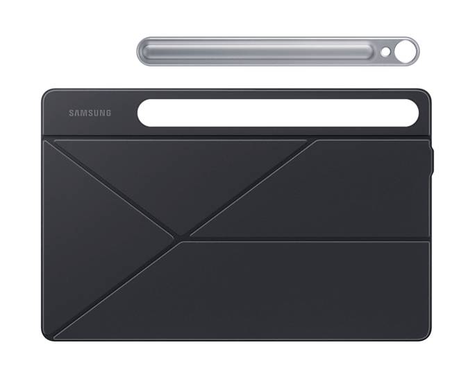 Ochranný obal na tablet Samsung v černé barvě s skládacím designem. Obsahuje šedý stylus umístěný nad obalem.