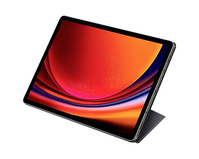 Tablet s živým, červeno-oranžovým displejem, který je šikmo umístěn na černém stojanu.