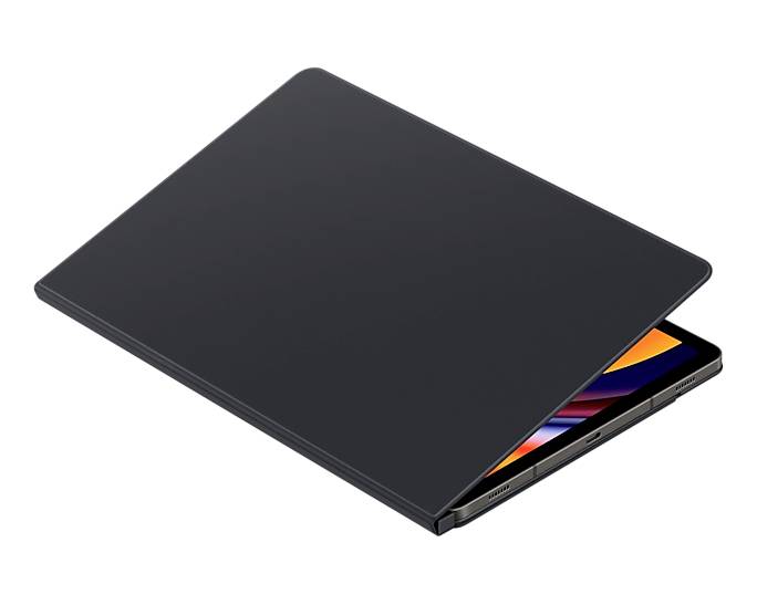 Tenký černý model notebooku s otevřenou obrazovkou zobrazující světlé barvy.