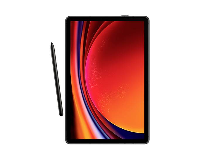 Tablet s osvětleným abstraktním pozadím a perem po straně, vhodné pro kreativní digitální práce.