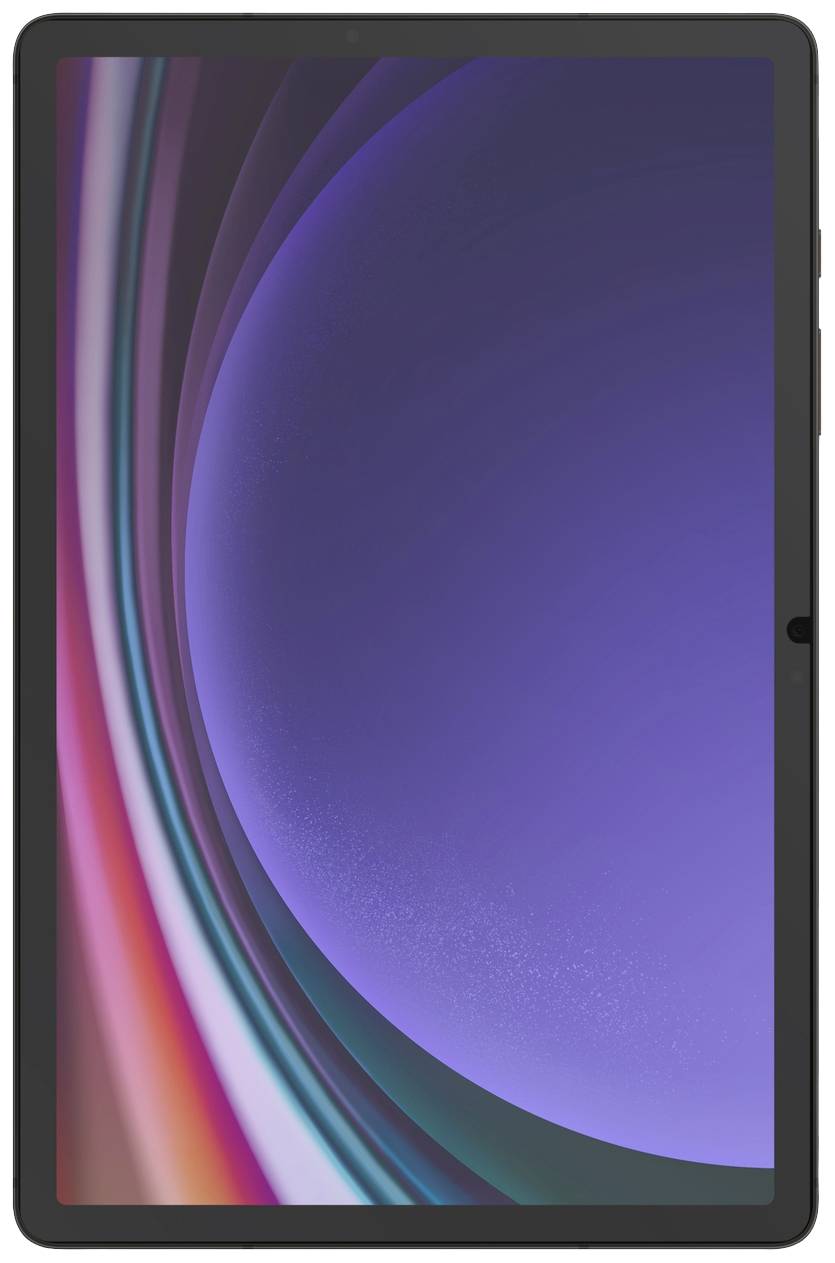 Černý tablet s barevným abstraktním pozadím, které zobrazuje fialové a červené odstíny.