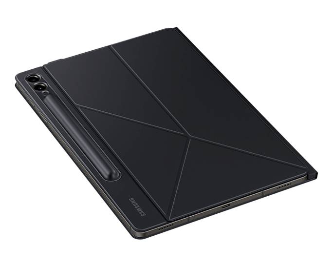Černý tablet s ochranným pouzdrem ve skloněné poloze leží plochý na povrchu. Fotoaparát a pero jsou viditelné.