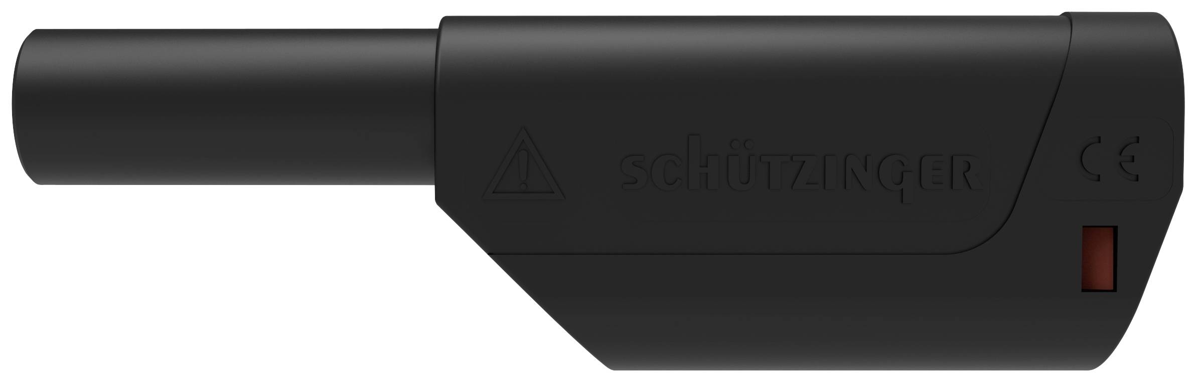 Černý síťový konektor s logem 'Schützinger' a označením CE. Vhodný pro elektrická připojení.