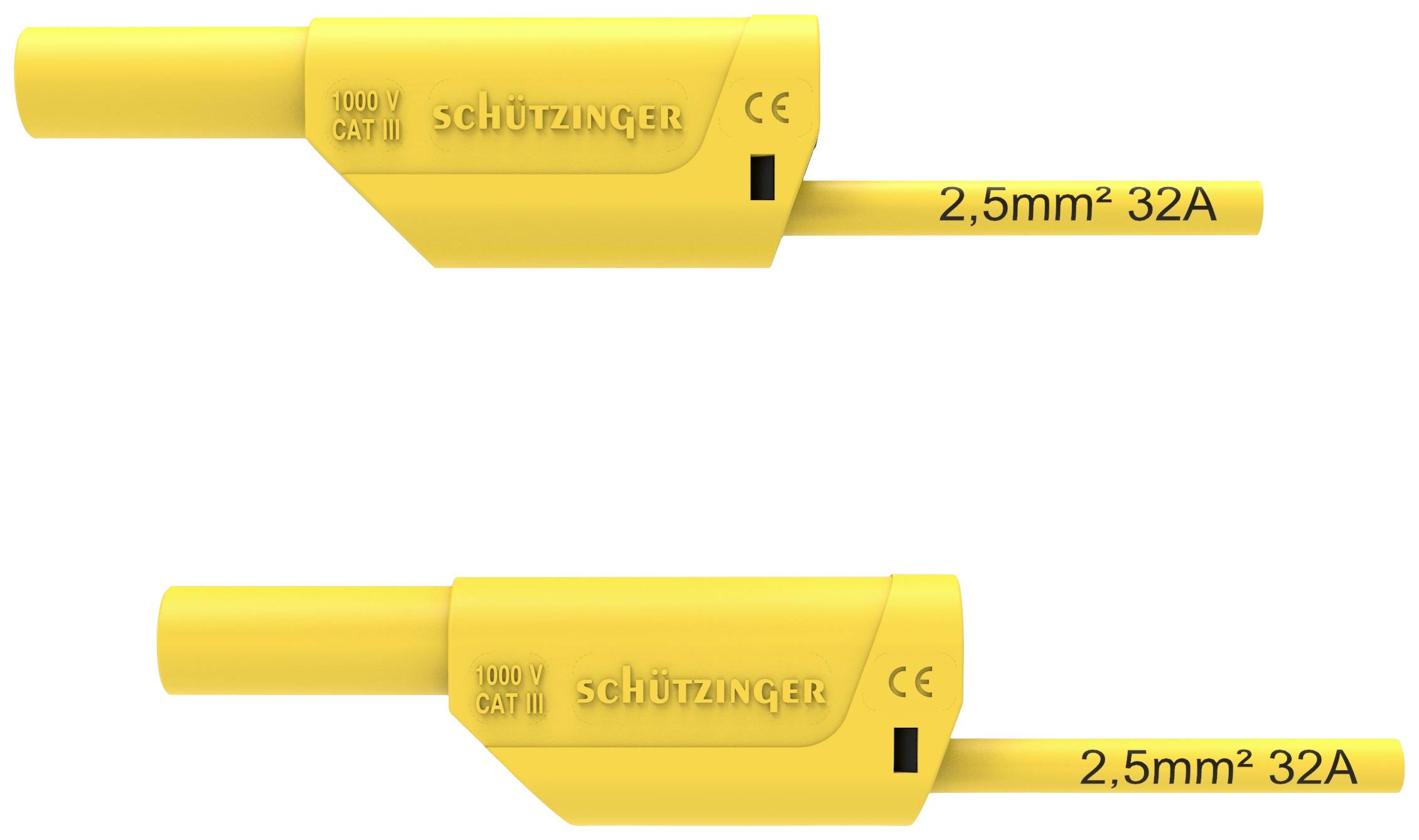 Dva žluté propojovací prvky s nápisem '2,5mm² 32A', '1000 V CAT III' a značkou CE, zobrazené z různých perspektiv.