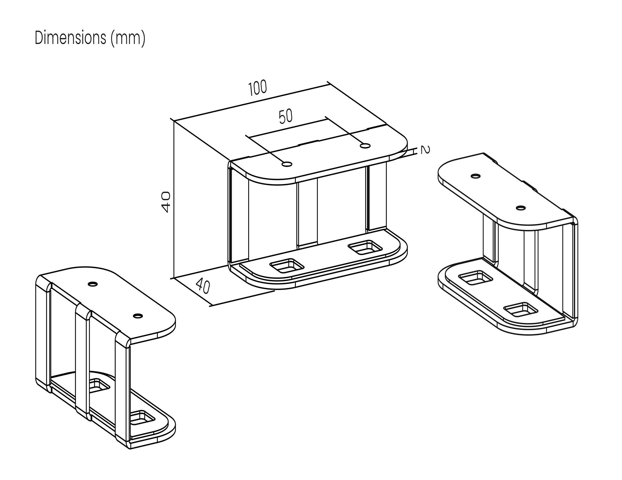 Technický výkres: U-tvarová kovová svorka s rozměry 100 mm x 50 mm x 40 mm. Zobrazuje přední a boční pohled.