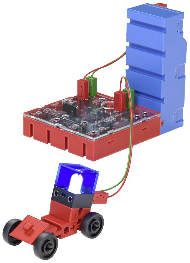 Červený podvozek s koly, propojený s elektrickou deskou a modrými LED diodami, ukazuje jednoduchou aplikaci elektrického obvodu.
