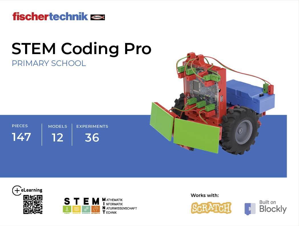 'STEM Programování Pro' pro základní školy: Stavebnice se 147 díly, 12 modely, 36 experimenty. Obsahuje Scratch a Blockly.