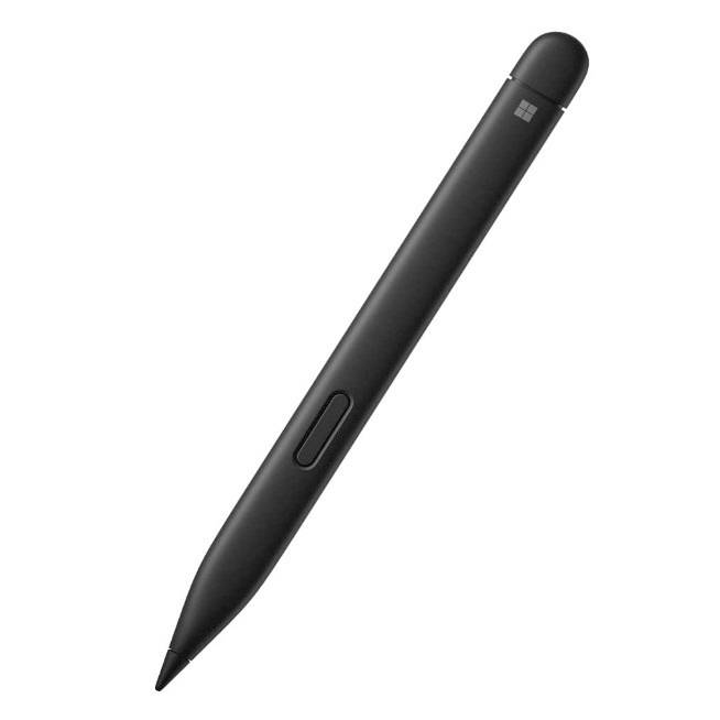 Černé digitální pero leží šikmo. Má tlačítko na boku a plochý horní povrch. Hodí se pro tablety.
