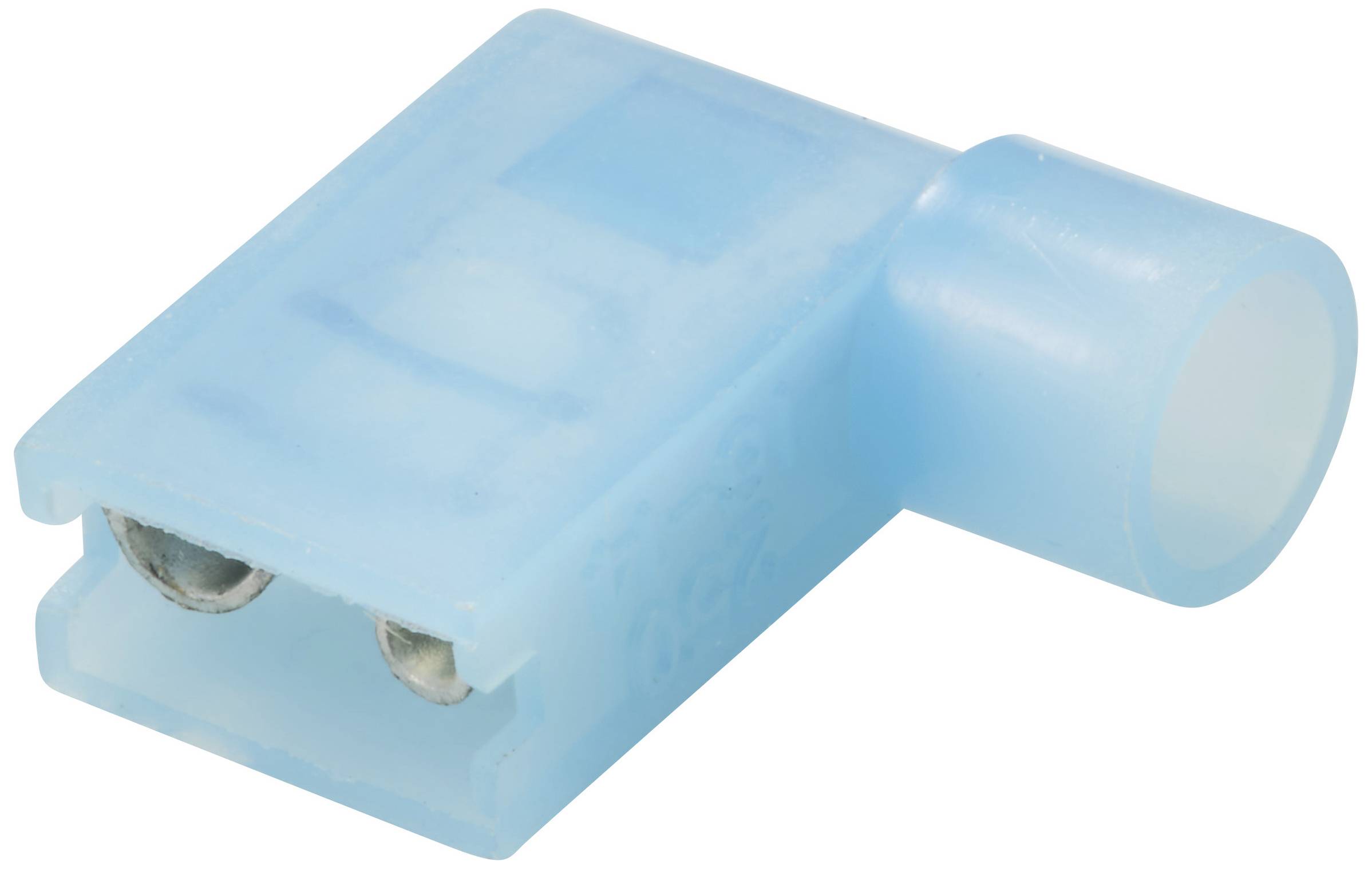 Modrý plochý elektrický konektor s izolací, vhodný pro propojení elektrických kabelů.