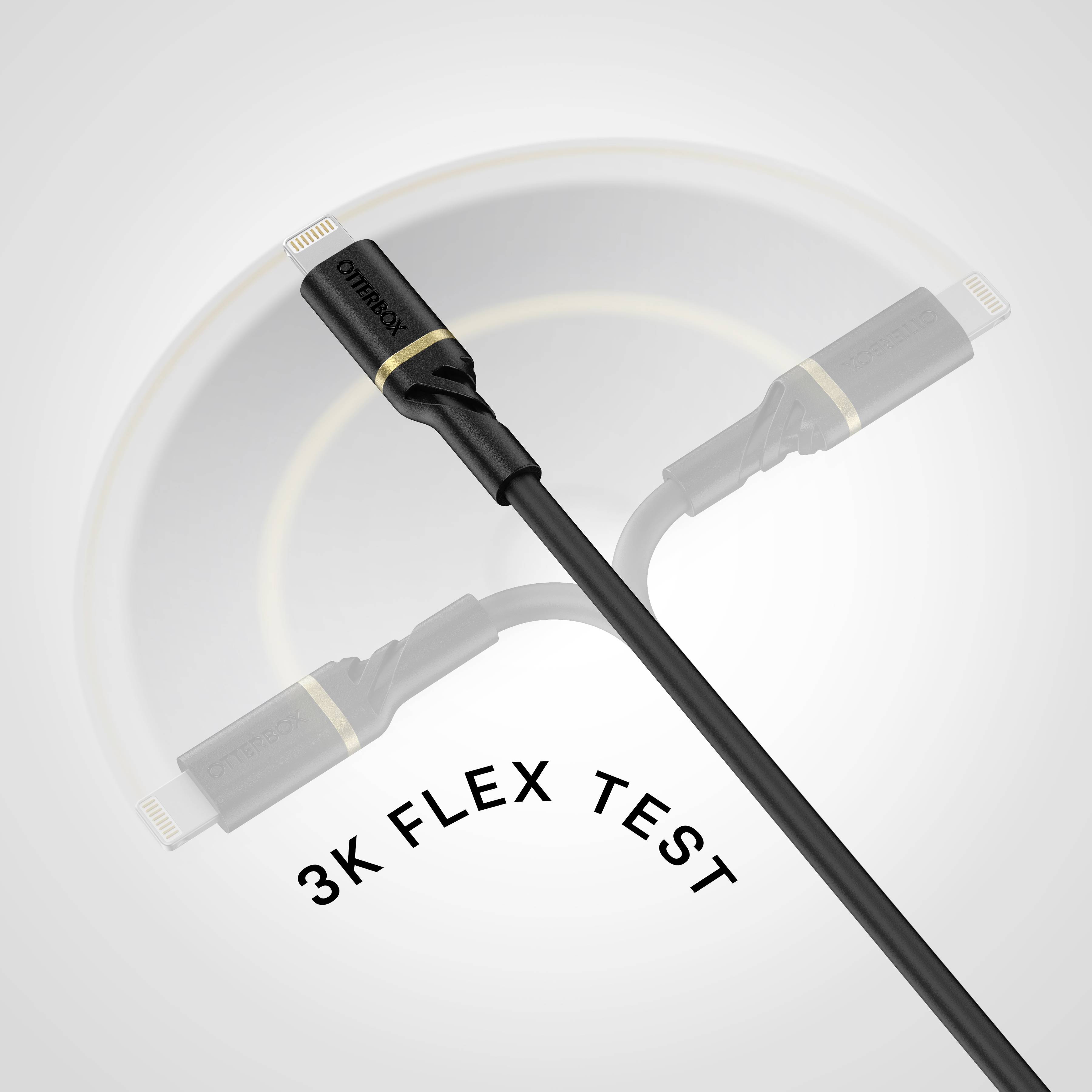 Nabíjecí kabel se zesíleným konektorem, označený "3K Flex Test", vykazuje odolnost a flexibilitu.
