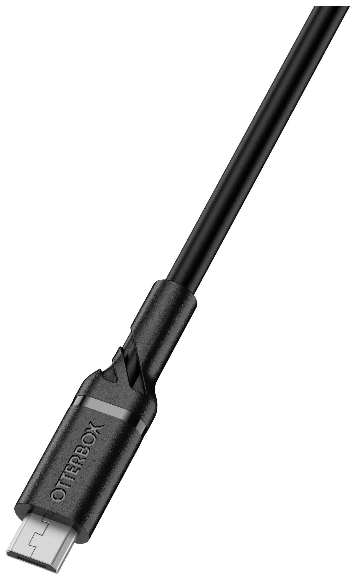 Černý USB kabel s názvem značky na straně konektoru, umístěný diagonálně v obraze, na bílém pozadí.