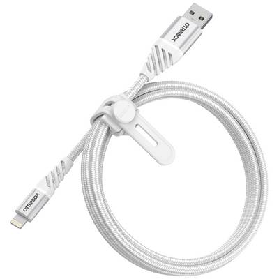 Šedý USB kabel od Otterboxu s Lightning konektorem, stočený a zajištěný bílou kabelovou svorkou.