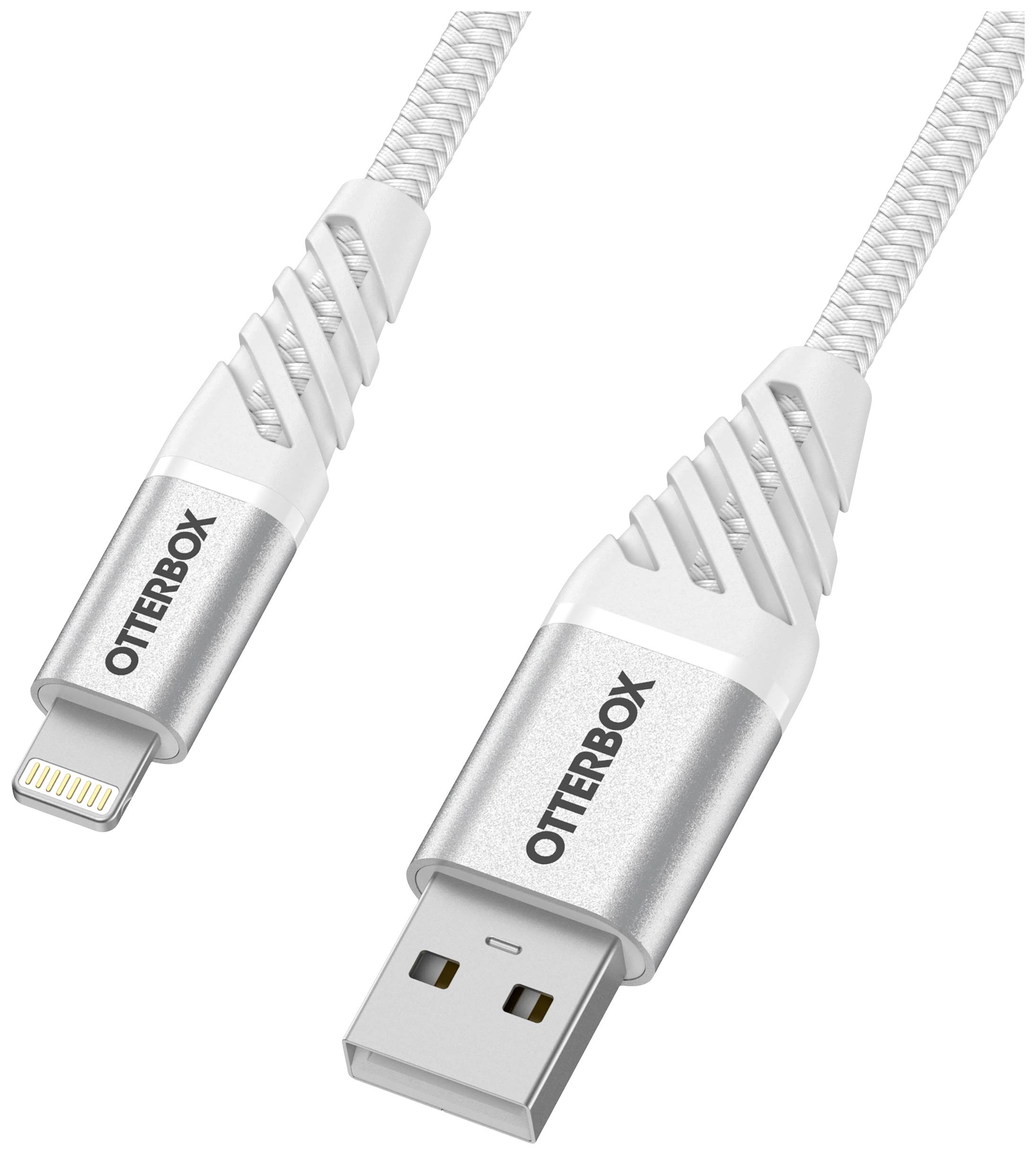 Šedý pletený nabíjecí kabel s USB a Lightning konektory. Na koncovkách je nápis 'OTTERBOX'.