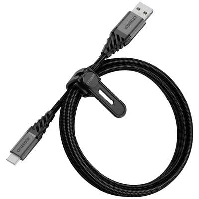 Černý USB-C na USB-A kabel s textilním opletením, označený logem 'Otterbox'. Kabel je vybaven praktickou stahovací páskou.