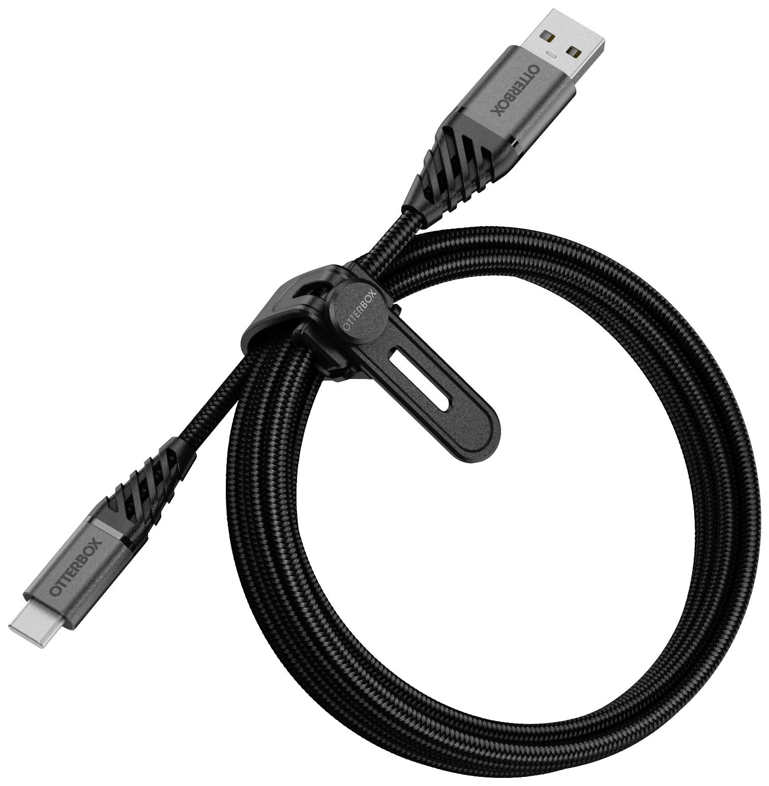 USB-C na USB-A kabel s černým opletaným pláštěm a integrovanou kabelovou svorkou.