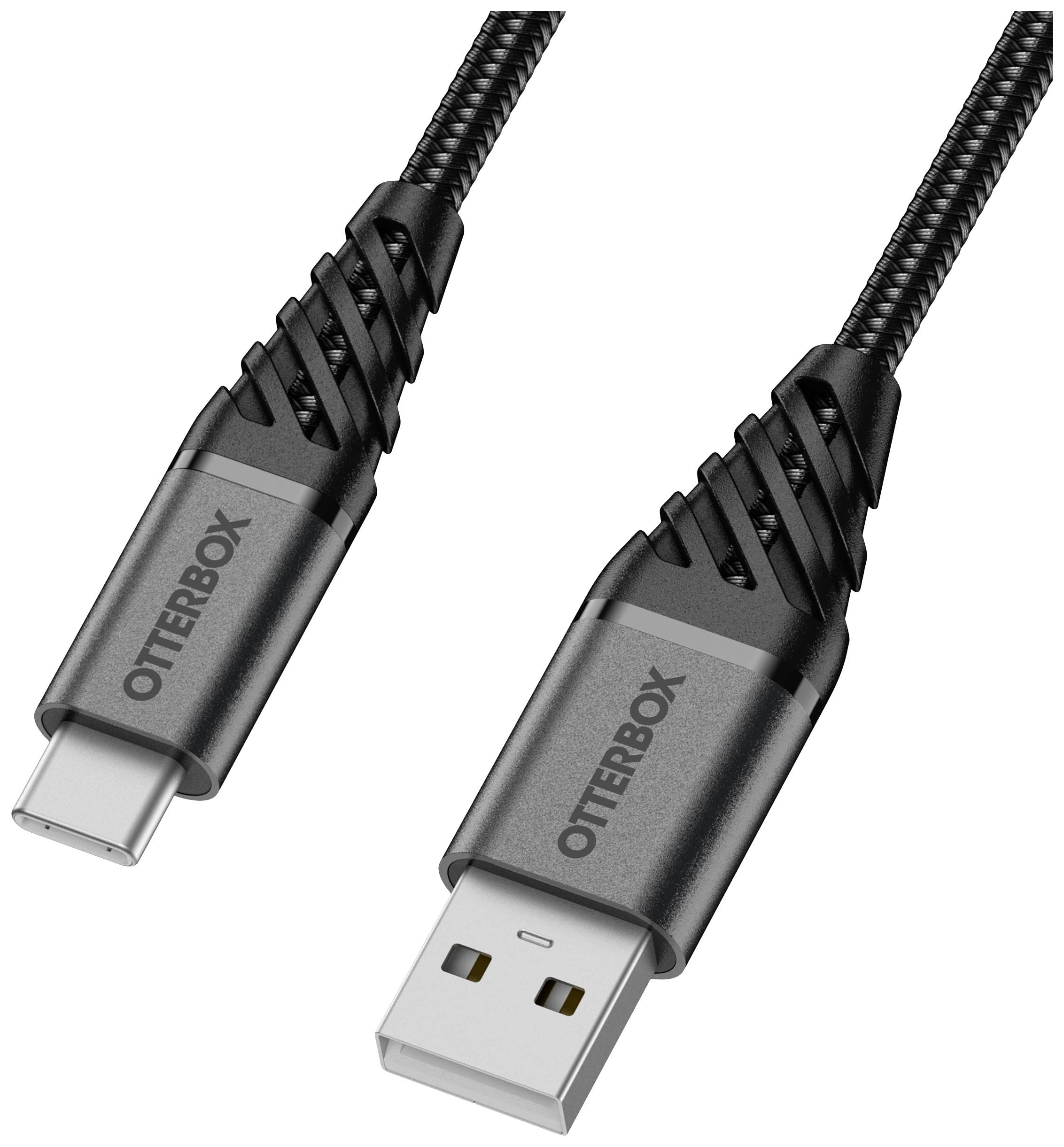 USB kabel s opletaným designem, na jedné straně USB-A konektor, na druhé straně USB-C konektor, černé barvy.