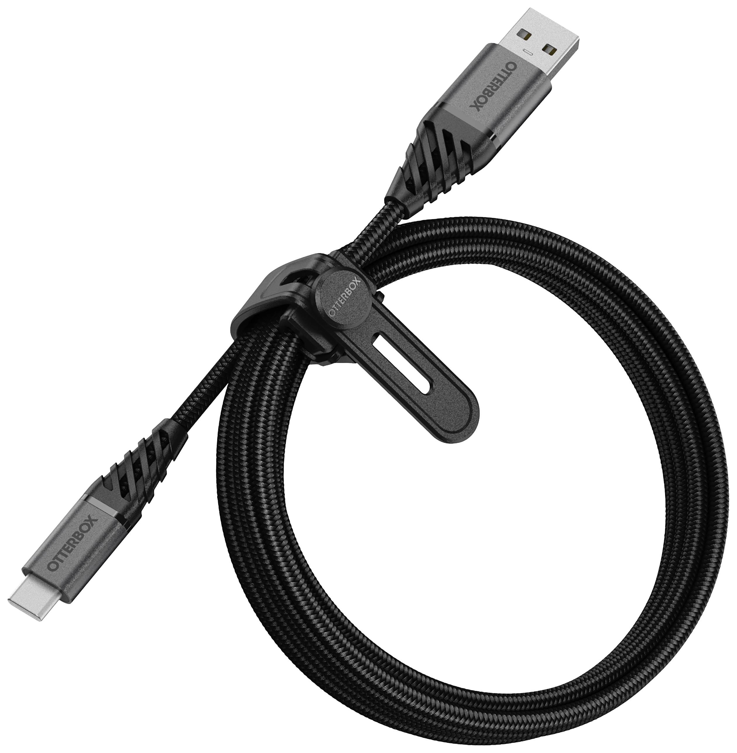 Dlouhý černý USB kabel s konektory USB-C a USB-A, vhodný pro nabíjení a přenos dat, s logem OtterBox na koncích konektorů.