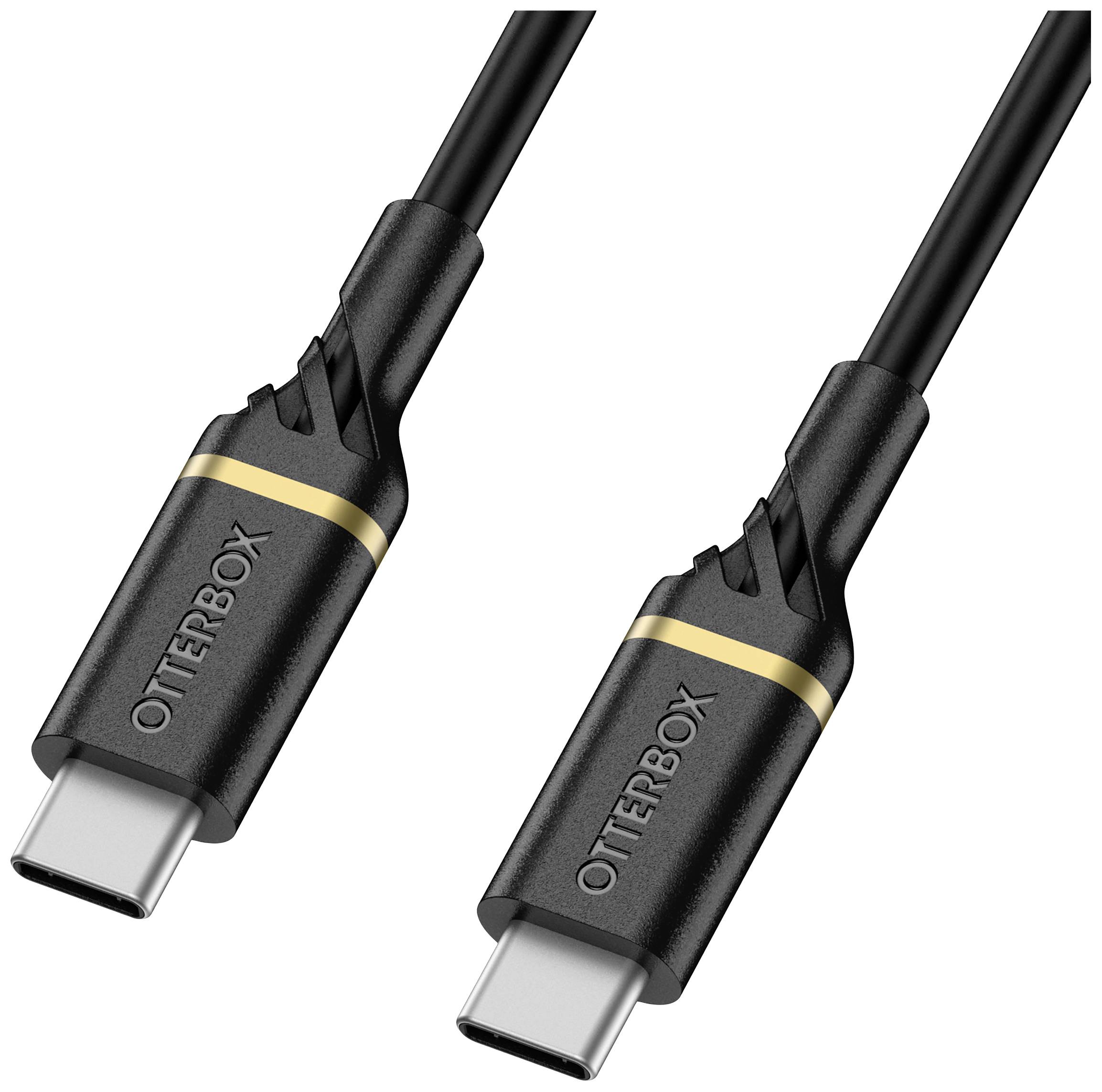 Dva černé USB-C kabely od OtterBoxu se zlatými akcenty.
