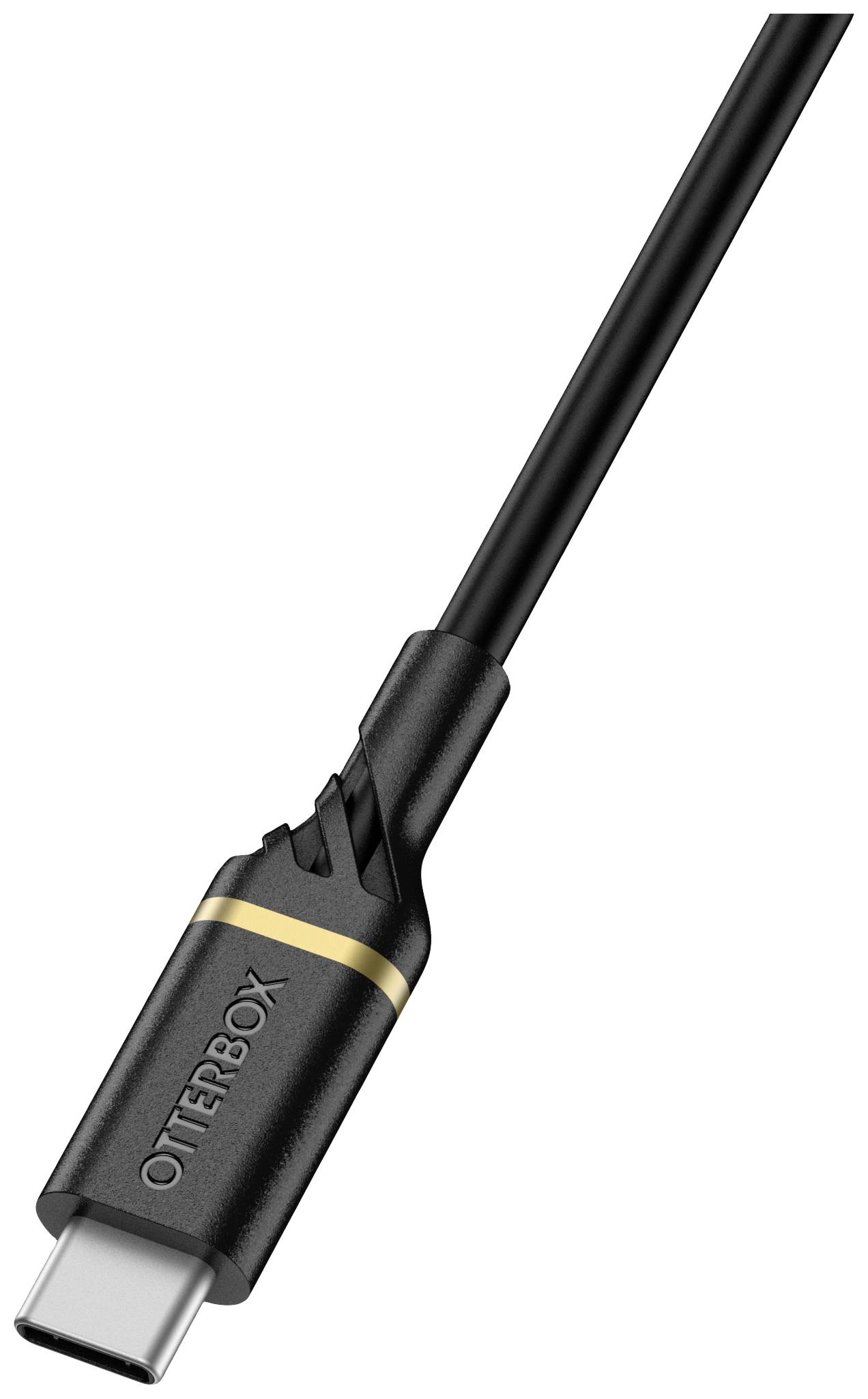 Černý USB-C kabel s robustním designem konektoru a zlatými akcenty. Označení 'OtterBox' na konektoru.