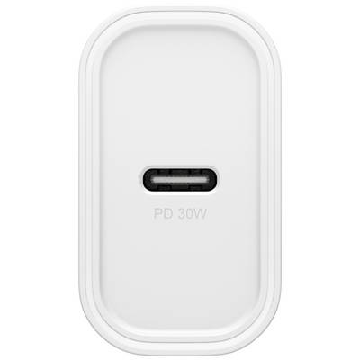 Bílá USB-C nabíječka s nápisem 'PD 30W', vhodná pro rychlé nabíjení.
