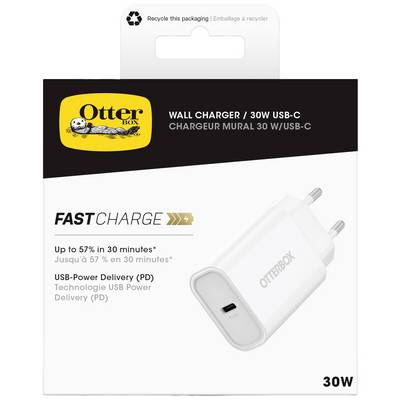 Nabíječka OtterBox 30W USB-C, rychlé nabíjení až 57% za 30 minut, technologie Power Delivery. Balení ukazuje zařízení a informace.