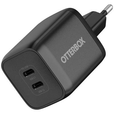 Černá USB nabíječka se dvěma porty, na které je napsáno 'OtterBox'.