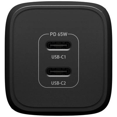 Černá nabíječka se dvěma USB-C porty, označenými 'USB-C1' a 'USB-C2'. Nahoře je uvedeno 'PD 65W' pro nabíjecí výkon.