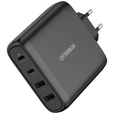 Černá nabíječka Otterbox se dvěma USB-C a dvěma USB-A porty, vhodná pro víceúčelové nabíjení elektronických zařízení.