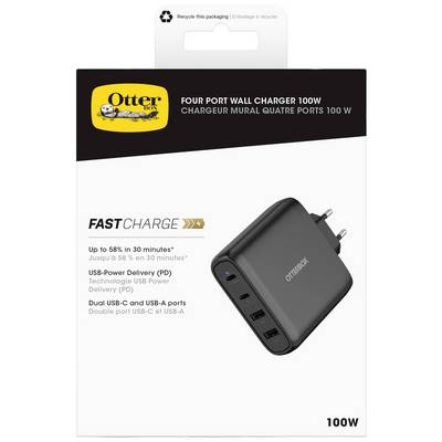 Balení nabíječky OtterBox 100W se čtyřmi porty. Text zdůrazňuje rychlé nabíjení, USB Power Delivery, duální USB-C a USB-A porty.