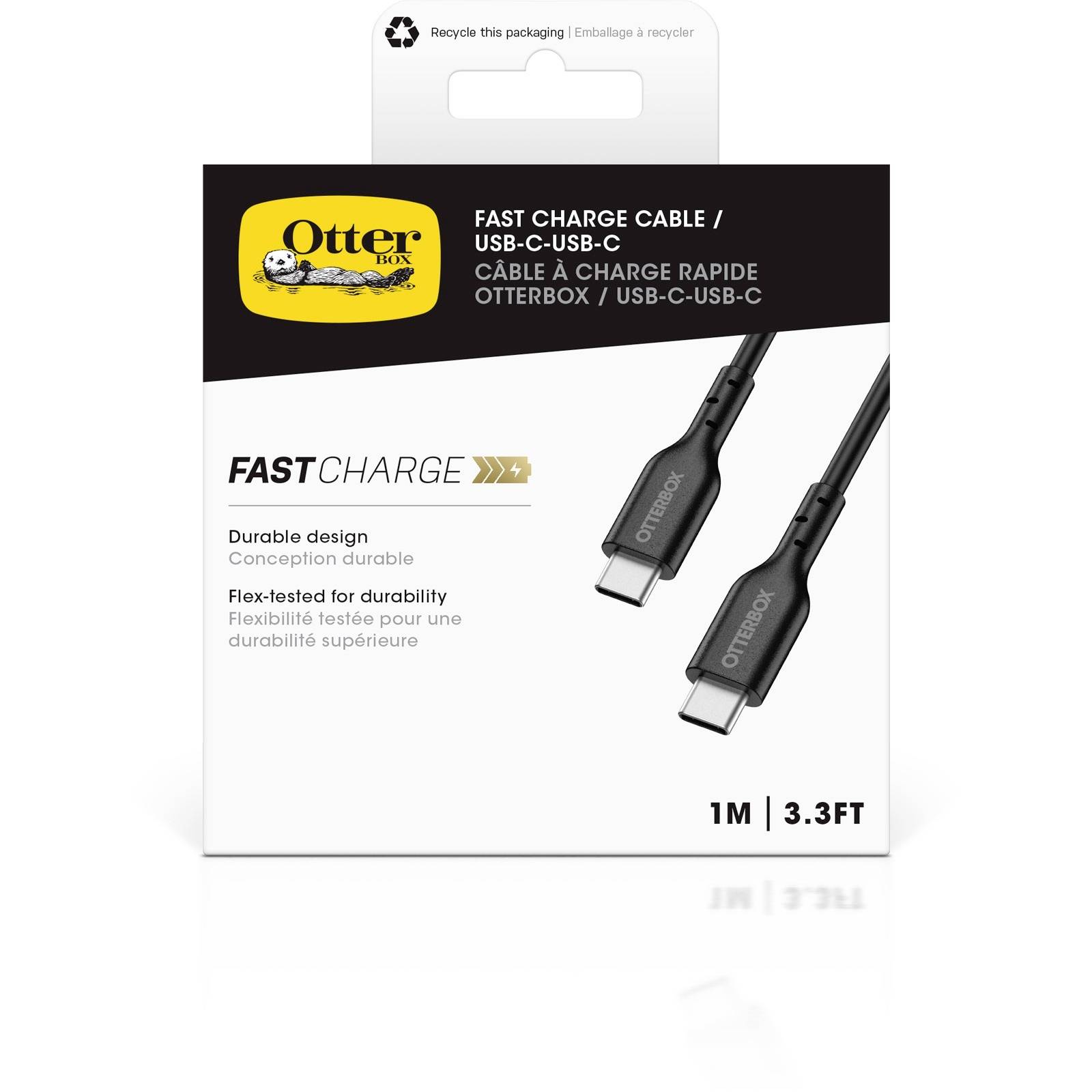 Obal nabíjecího USB-C na USB-C kabelu Otterbox, dlouhého 1 metr. Zobrazuje dva černé kabely s logem Otterbox.