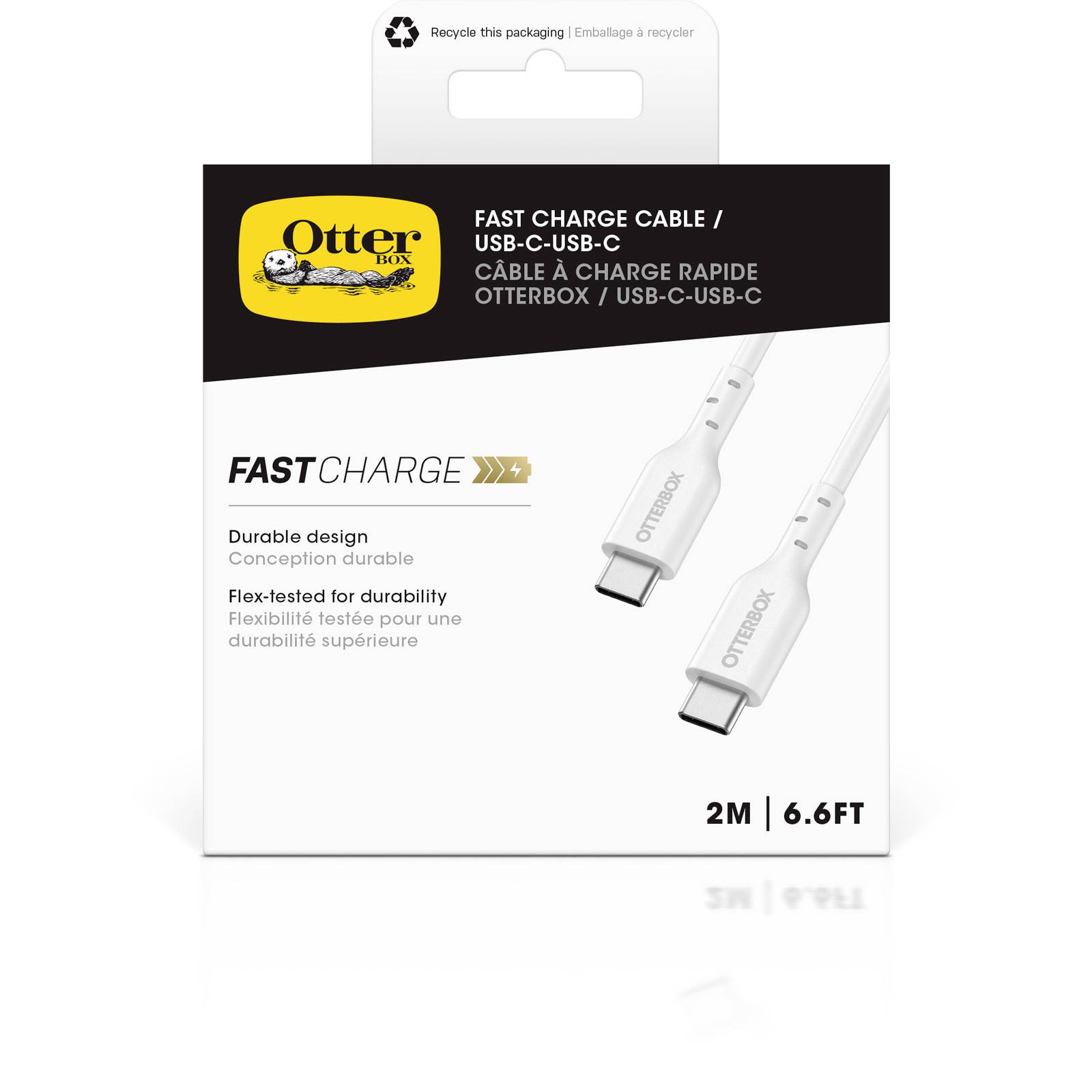Nabíjecí kabel USB-C od OtterBoxu s podporou rychlého nabíjení, délka 2 metry. Obal zobrazuje obrázek kabelu a zdůrazňuje jeho trvanlivou, flexibilně testovanou konstrukci.