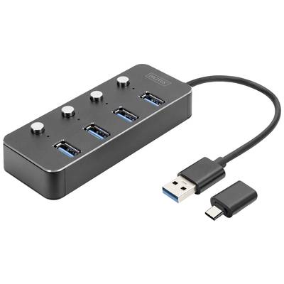Digitus DA-70247 4 porty USB 3.0-hub lze otočit, lze spínat jednotlivě, LED ukazatel tmavě šedá 