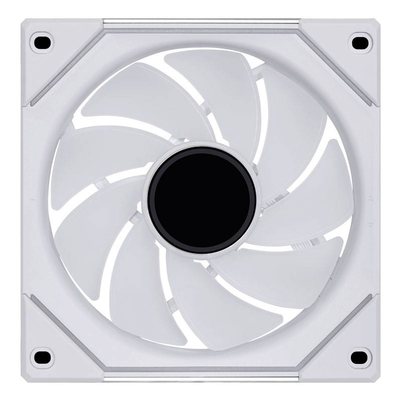 Bílý počítačový ventilátor s osmi lopatkami, symetricky uspořádanými v čtvercovém rámu, pohled shora.