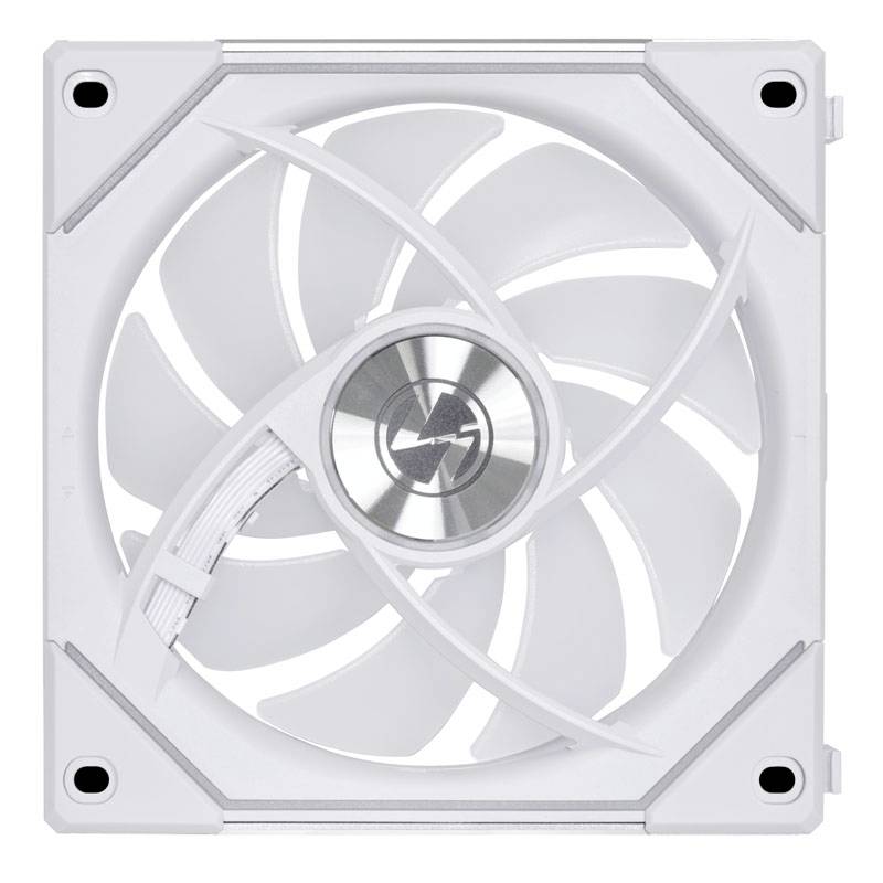 Bílý počítačový ventilátor s spirálovitým designem a centrálním logem, který nabízí aerodynamickou efektivitu a chlazení.