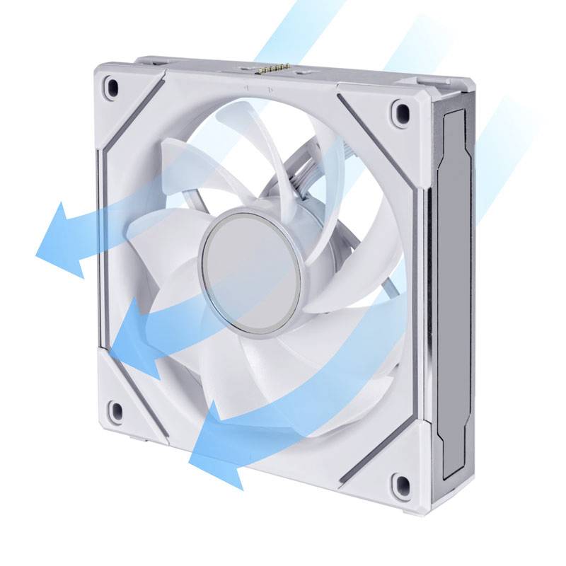Počítačový ventilátor v bílé barvě. Modré šipky ukazují proudění vzduchu zepředu dozadu. Ventilátor má čtvercové pouzdro.