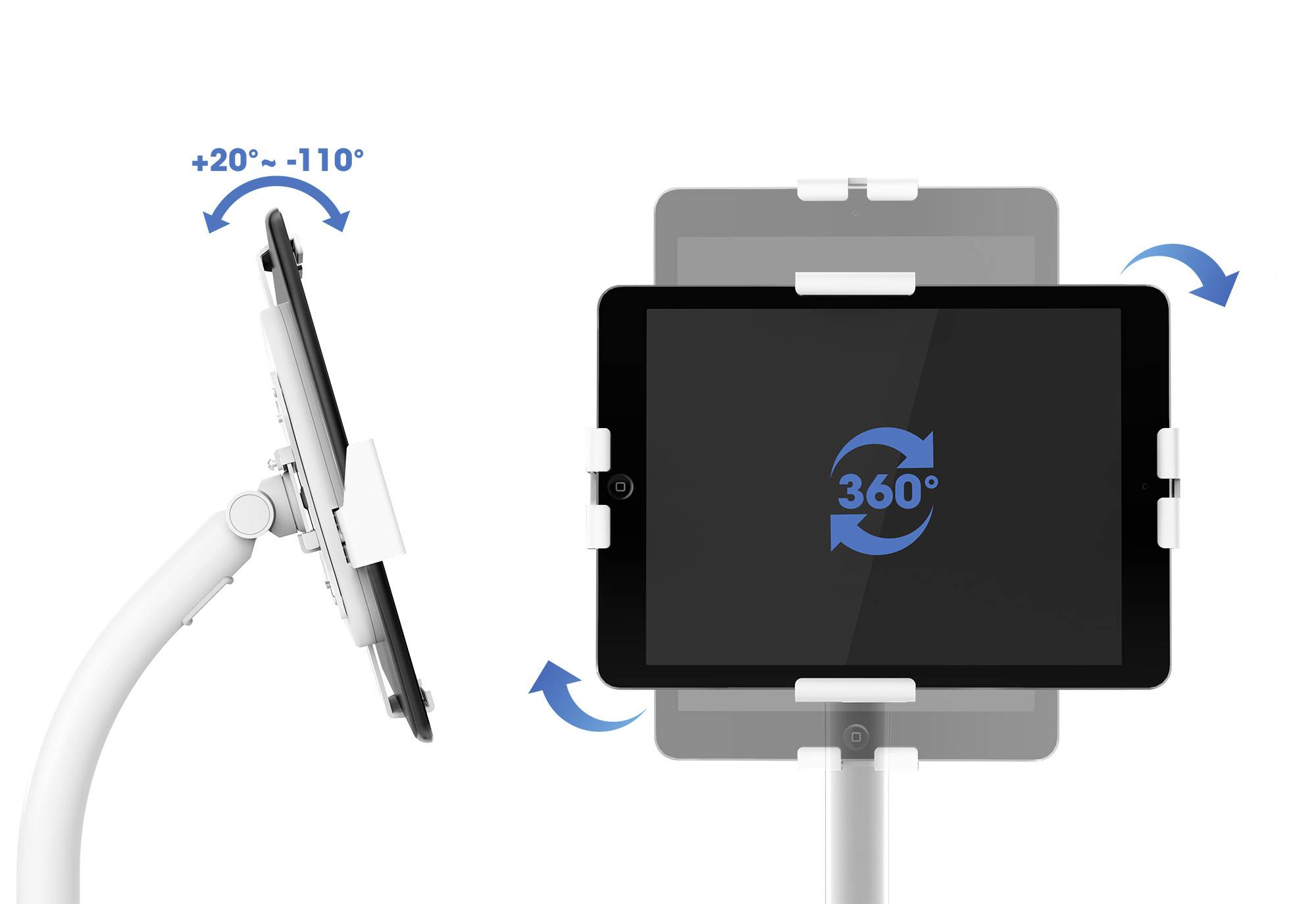 Nastavitelný stojan na tablet umožňuje boční náklon od +20° do -110° a 360° otočení tabletu v předním pohledu.