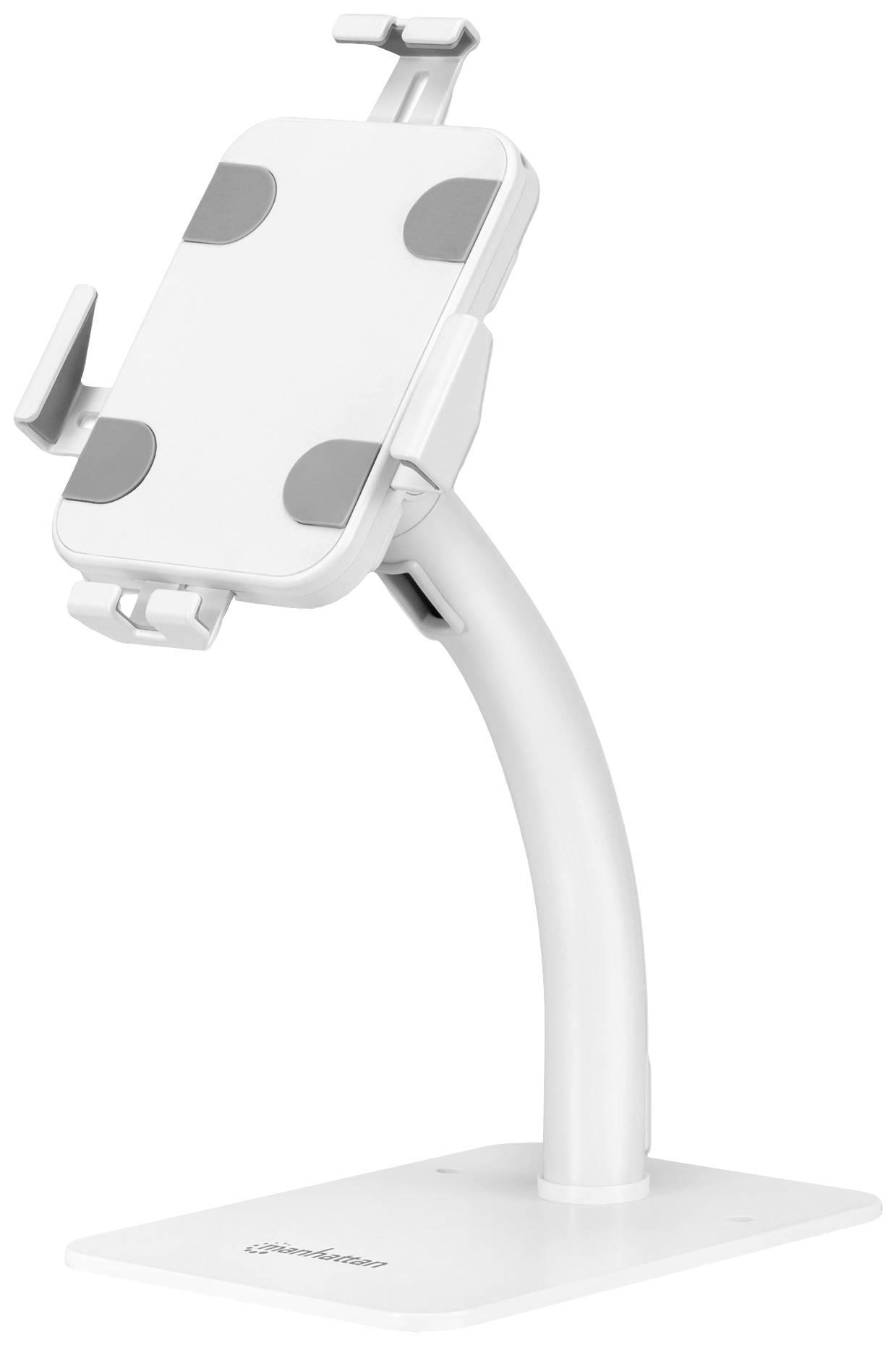 Držák tabletu na bílém stojanu, vhodný pro stabilizaci a snadné ovládání zařízení.