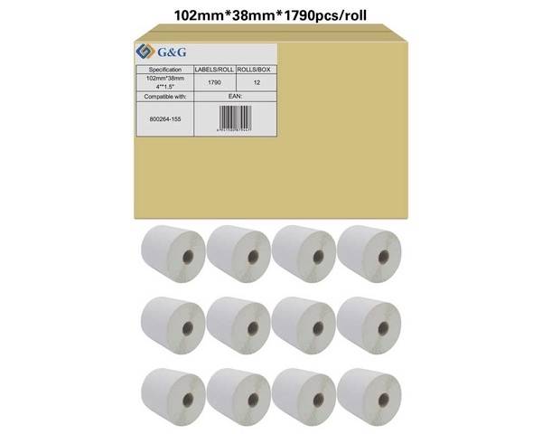 Balení G&G s etiketovými rolemi, velikost: 102 mm x 38 mm, 1790 etiket na roli. Balení obsahuje 12 rolí.
