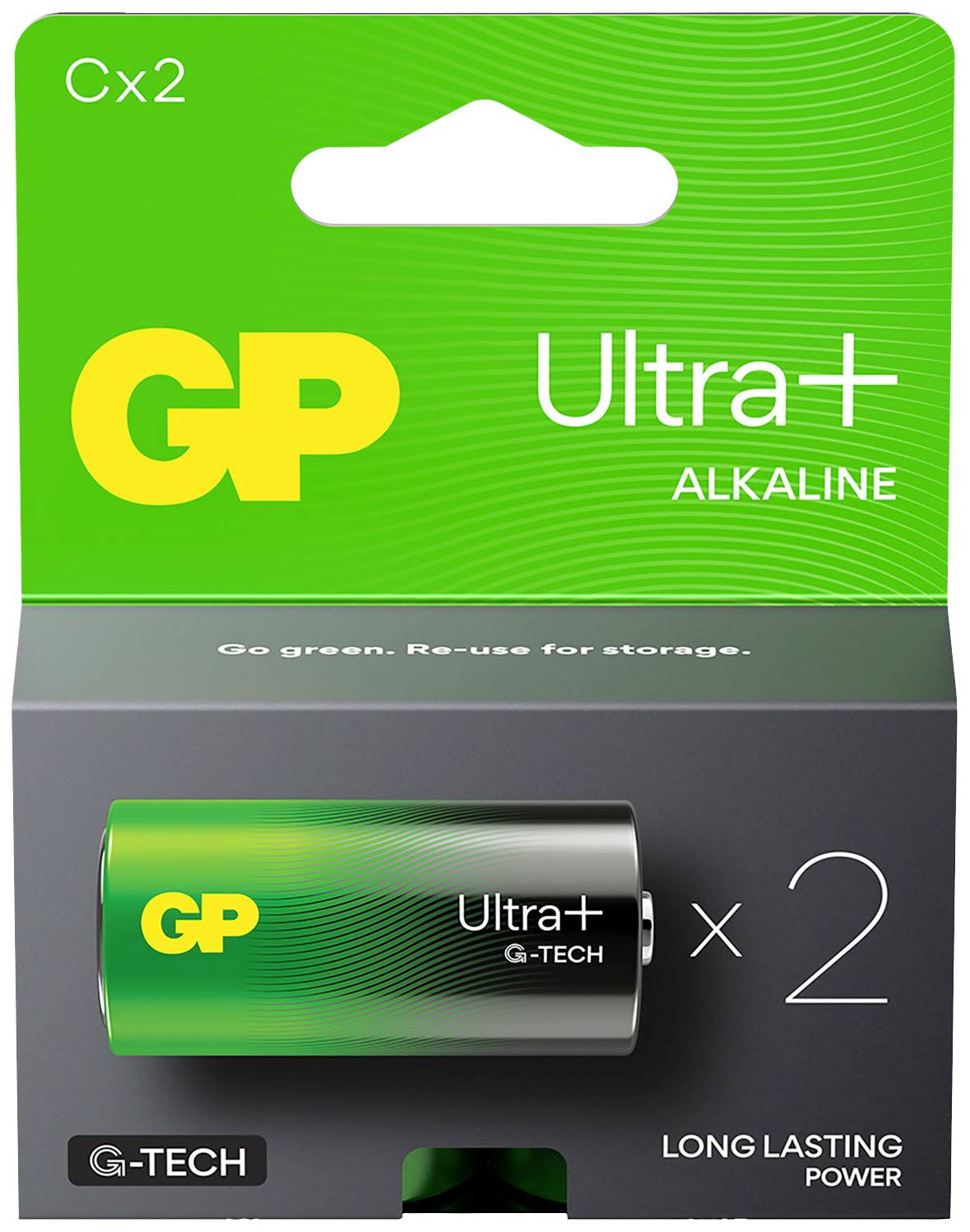 Zelená baterie GP Ultra+ G-TECH v detailním záběru, se žlutým logem GP a černým/bílým popisem na pouzdře.
