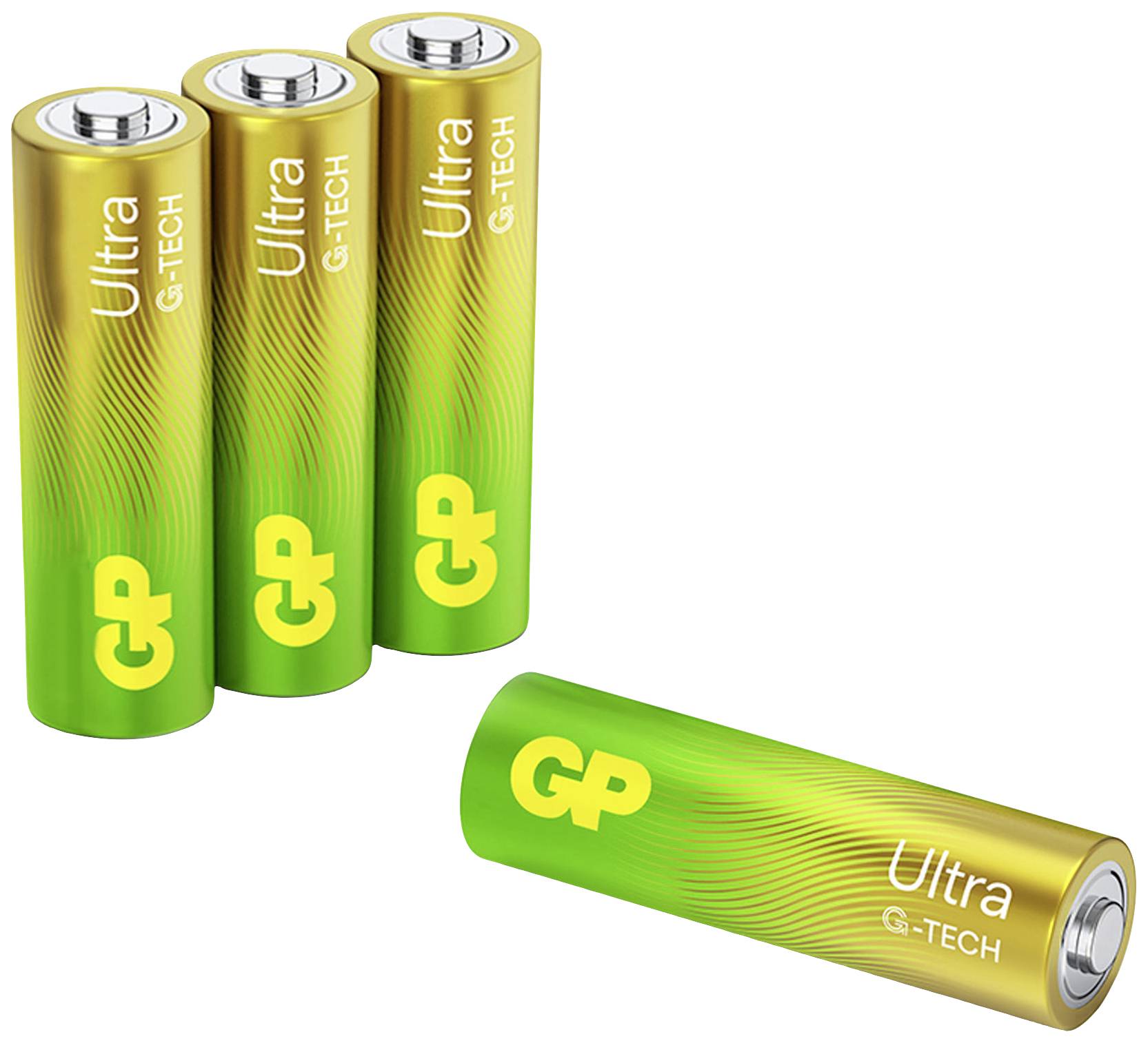 Čtyři baterie GP Ultra G-TECH na bílém pozadí, tři vzpřímené a jedna ležící.
