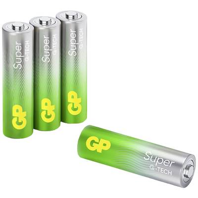 Čtyři baterie GP Super G-TECH, tři stojící a jedna ležící, na bílém pozadí.