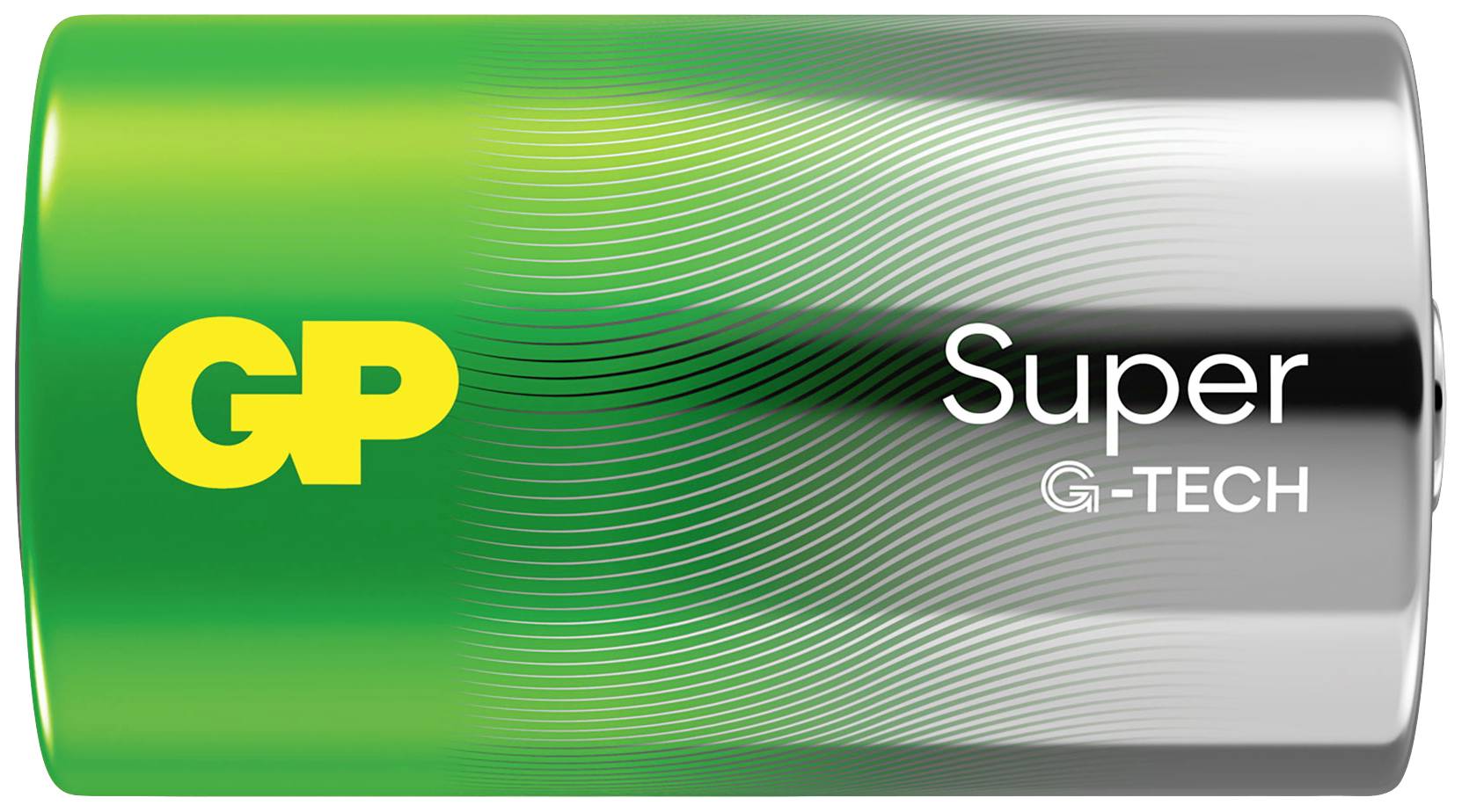 Obal na dvě baterie GP Super Alkaline, zeleno-stříbrný, s potiskem „G-Tech" a upozorněním „Long lasting power".