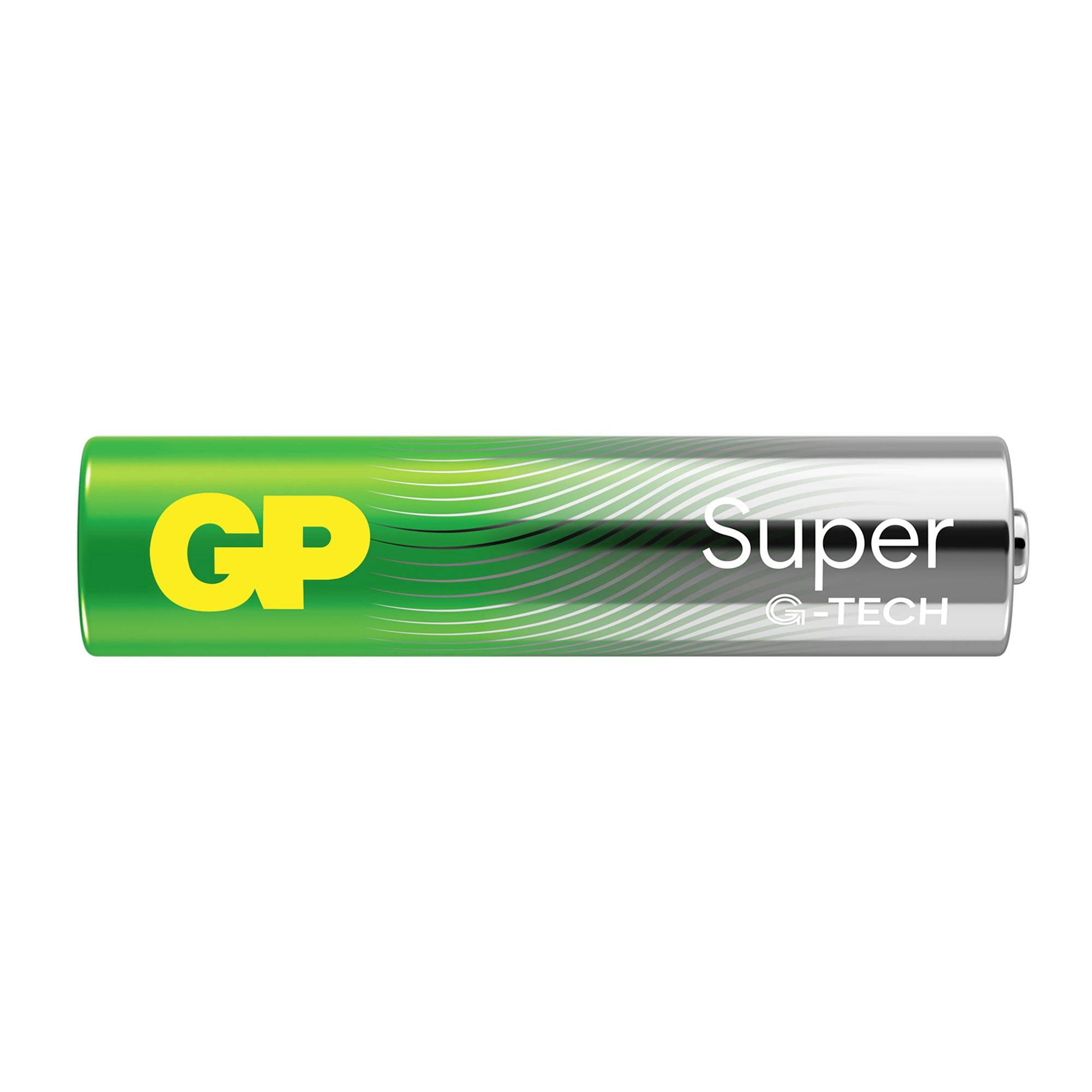 Baterka GP Super G-TECH zeleno-stříbrné barvy s žlutým logem GP a bílým nápisem na straně.