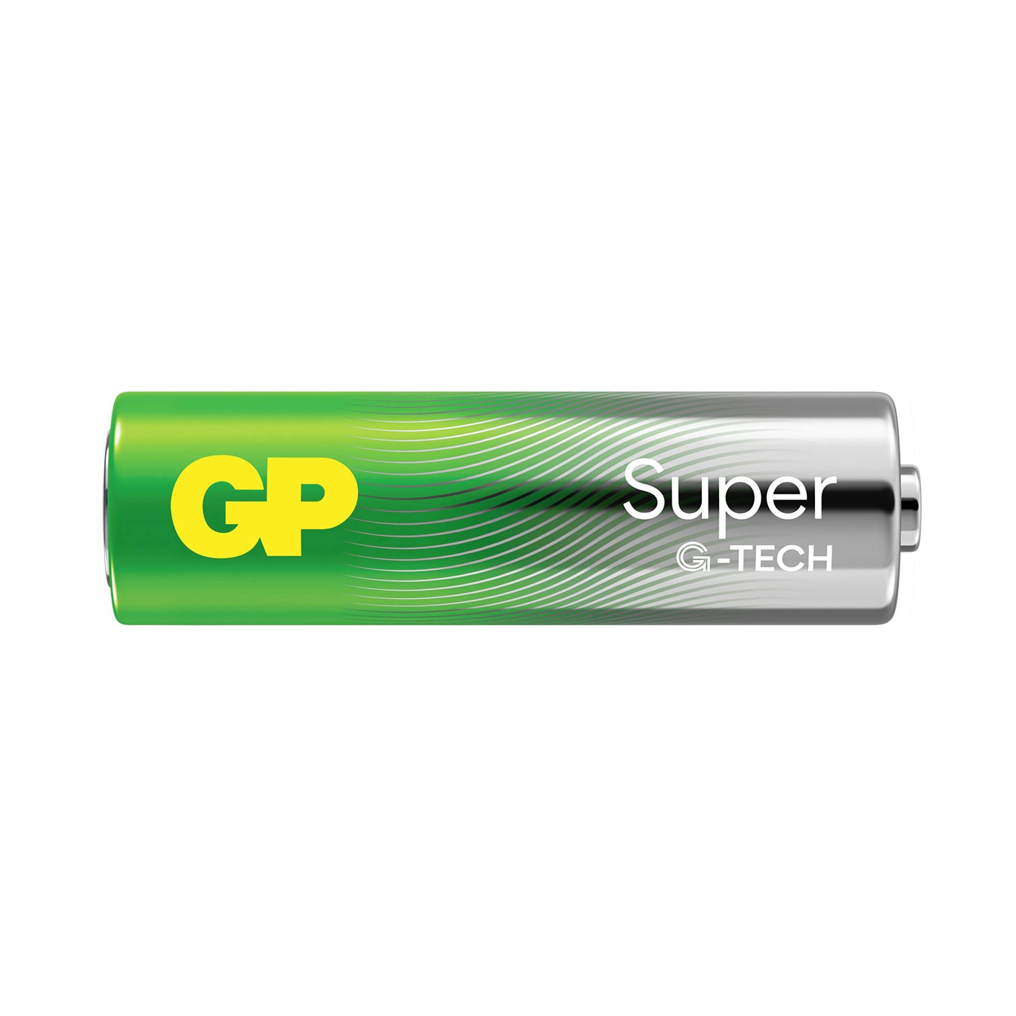 Baterie s logem GP a nápisem "Super G-TECH" v zeleno-stříbrném designu.