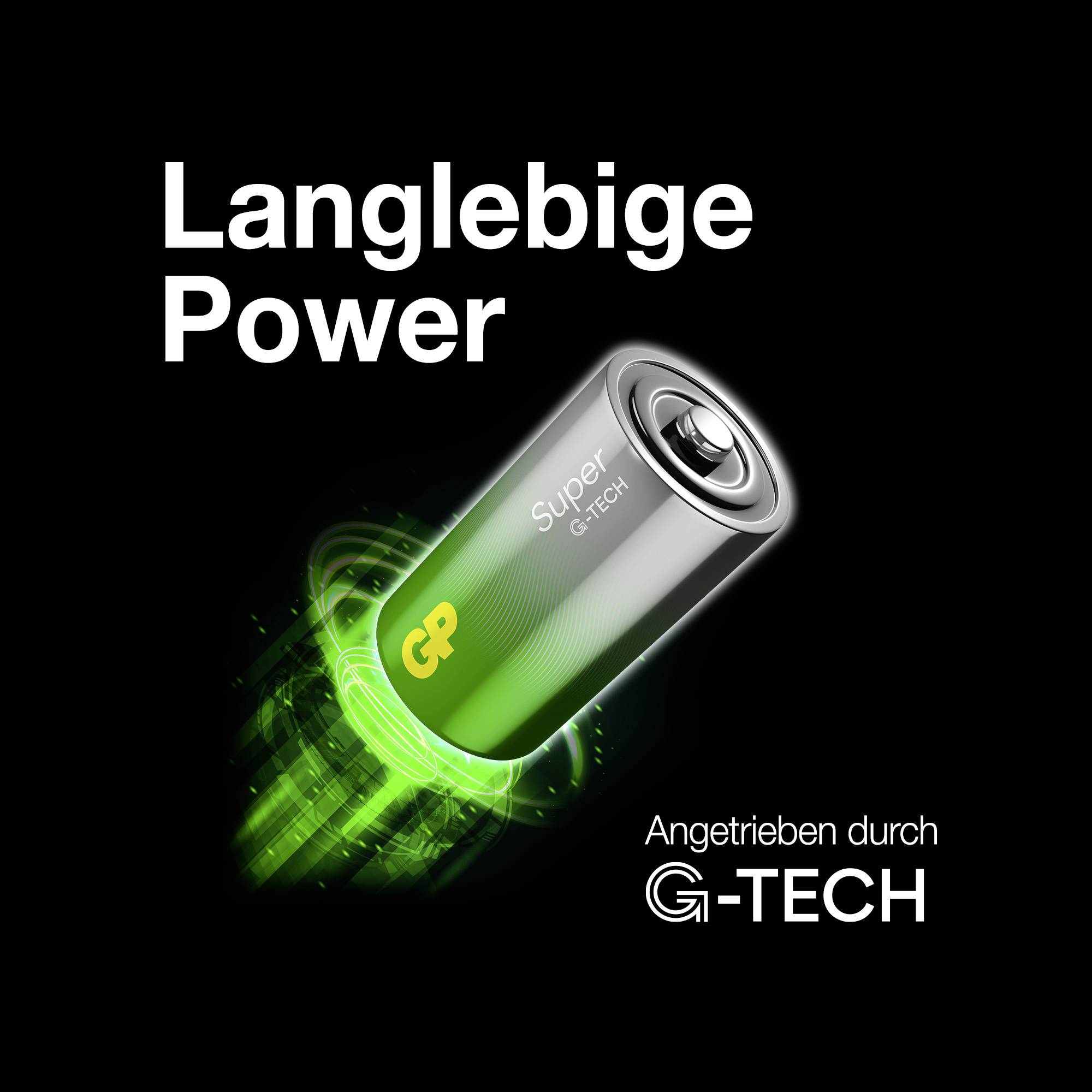 Reklamní inzerát s baterií a textem „Dlouhotrvající energie" a „Poháněno G-TECH"; zelené energetické efekty zdůrazňují výkon.