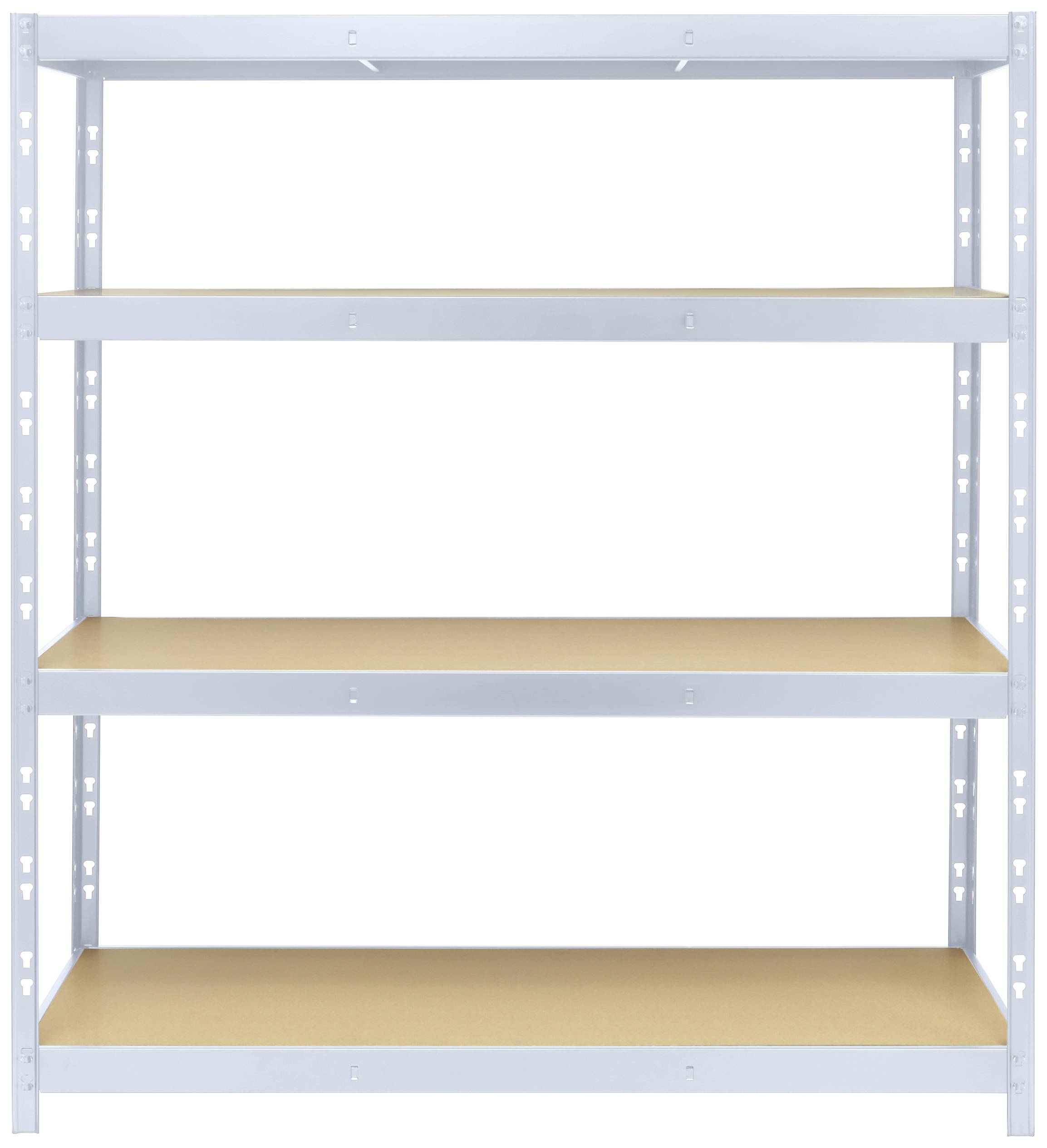 Kovový regál se čtyřmi policemi, vhodný pro uskladnění v garážích nebo skladových prostorách.