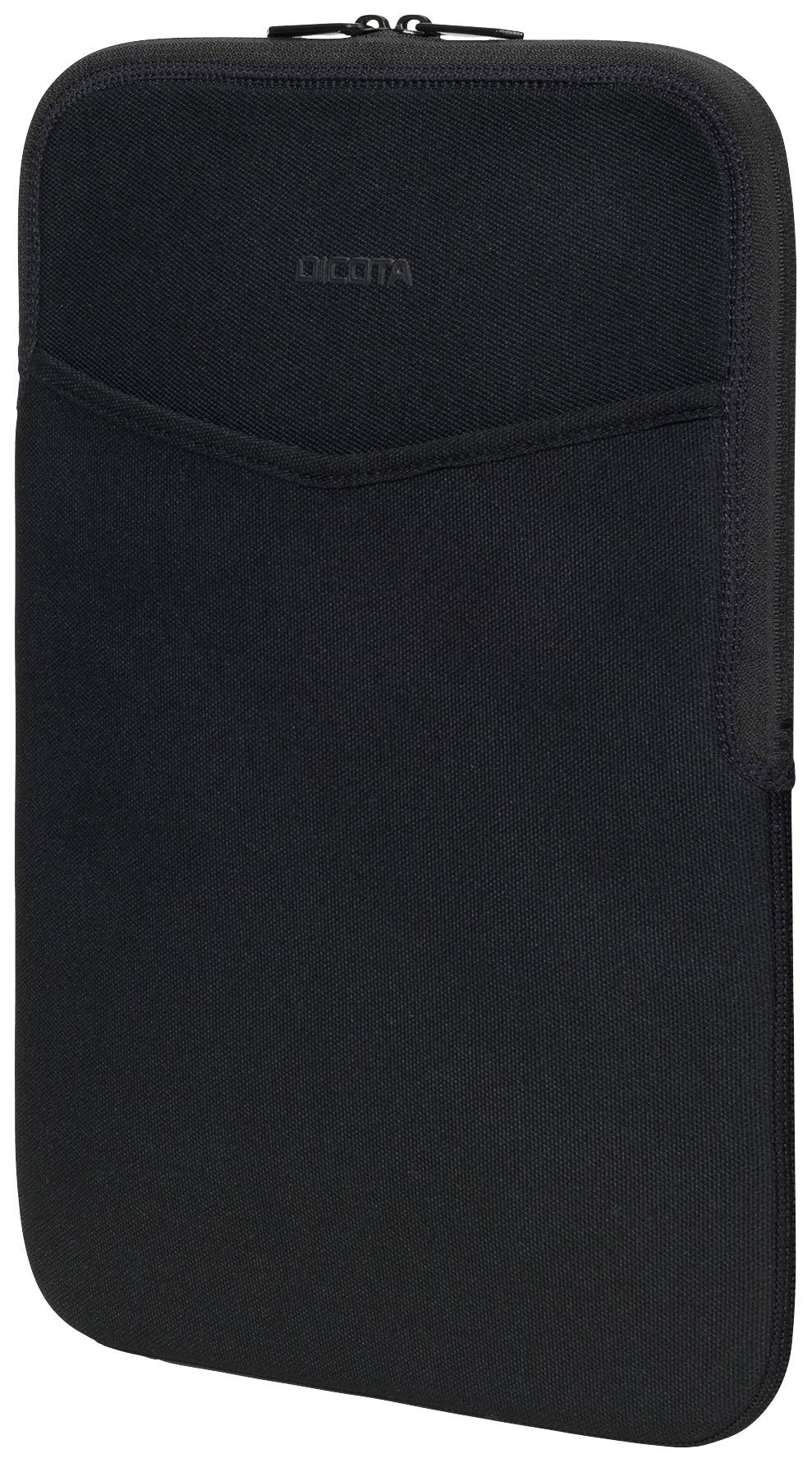 Černý, štíhlý látkový obal na notebook se zipem nahoře. Poskytuje ochranu notebooku a má nenápadný design.